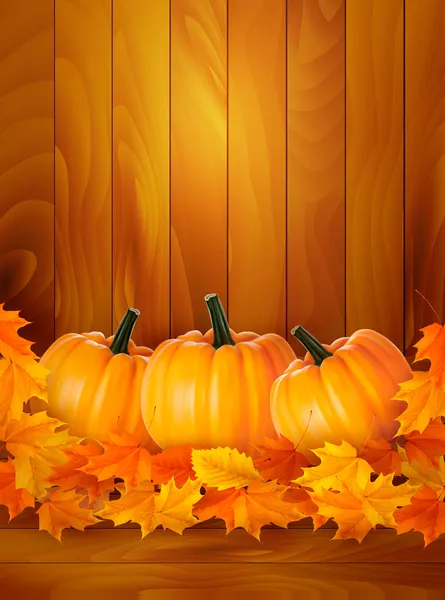 Pumpkins on wooden background with leaves Autumn background Vector — Stock Vector