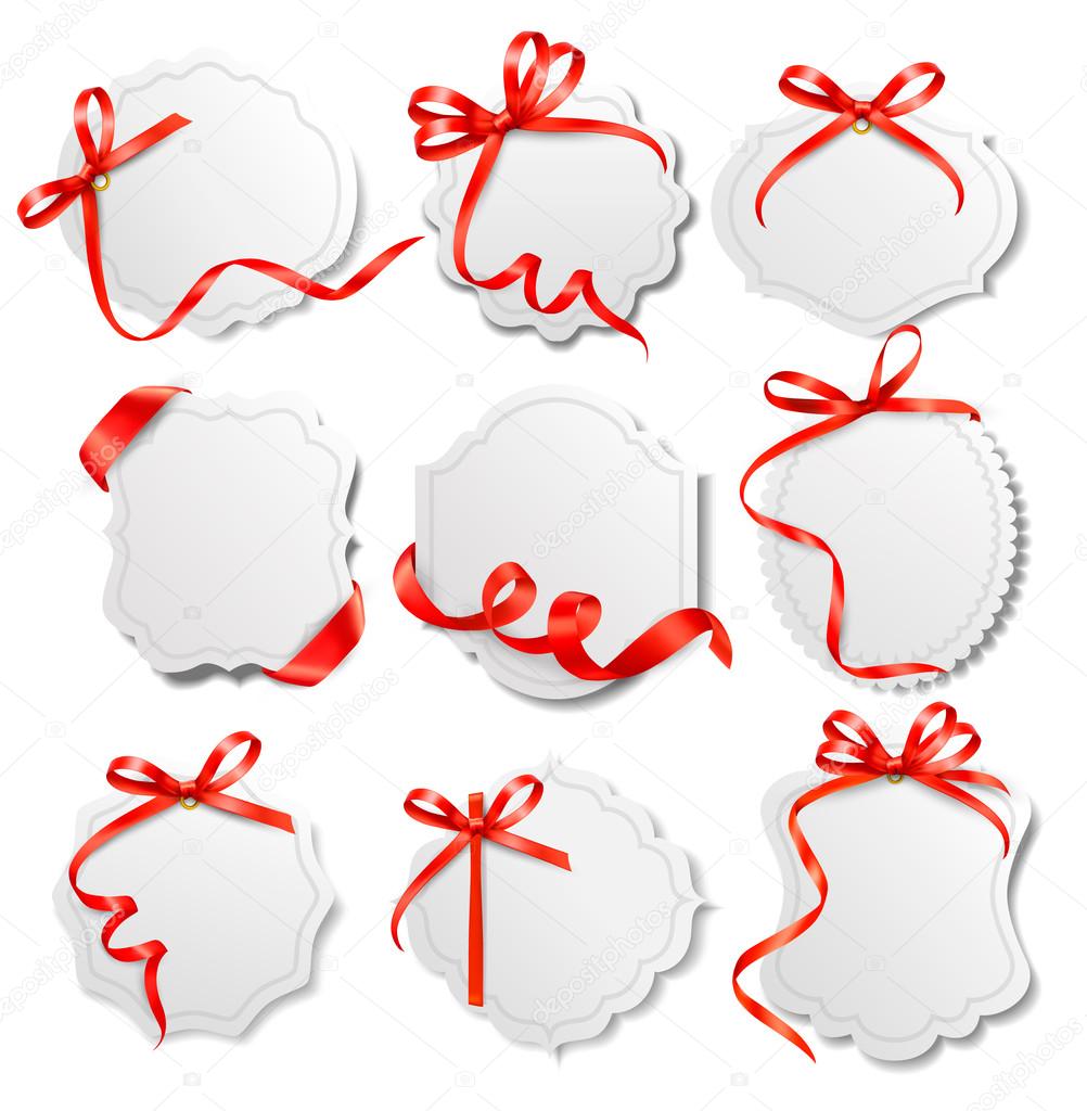 Set of beautiful cards with red gift bows with ribbons Vector