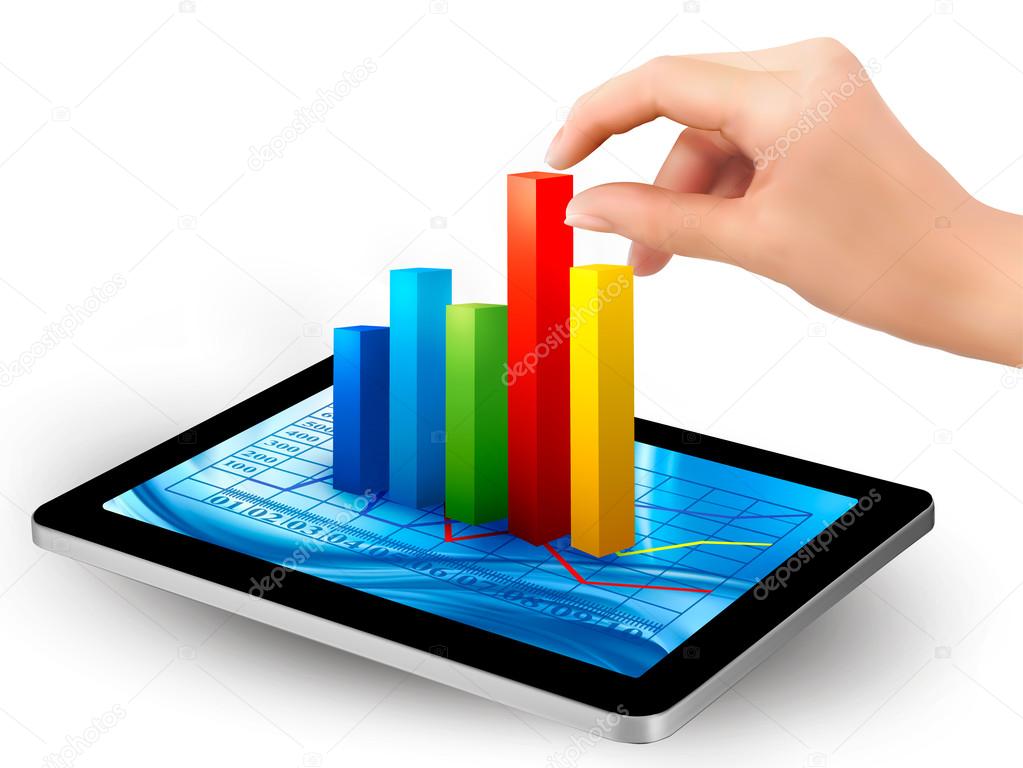 Tablet screen with graph and a hand. Vector.