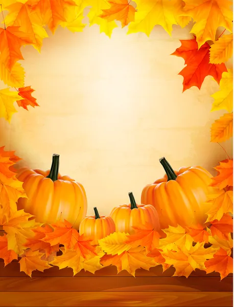 Pumpkins on wooden background with leaves. Autumn background. Vector. — Stock Vector