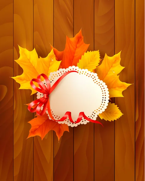 Card with leaves with a bow on wooden background. Vector. — Stock Vector