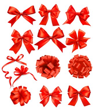 Big set of red gift bows with ribbons. Vector clipart