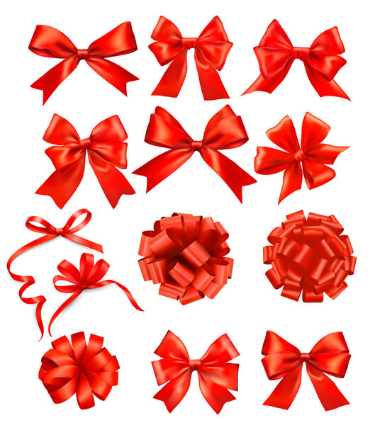 Big set of red gift bows with ribbons. Vector