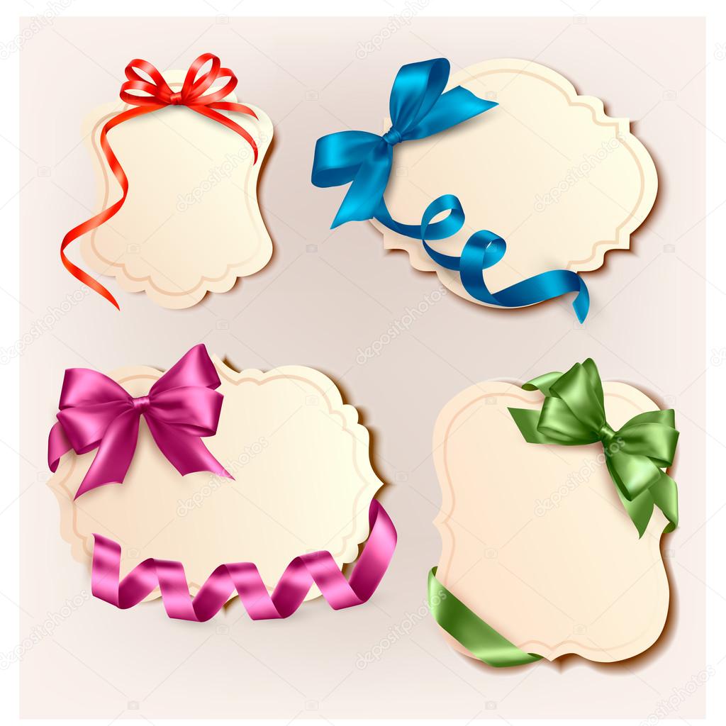 Set of beautiful cards with colorful gift bows with ribbons. Vector