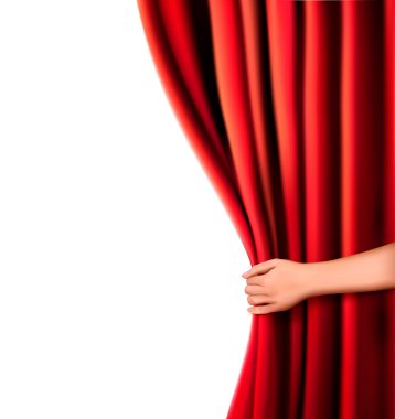 Background with red velvet curtain and hand. Vector illustration. clipart