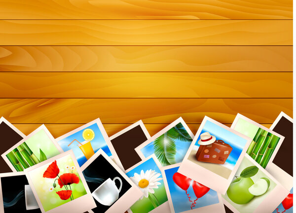 Colorful photos on wooden background. Vector illustration.