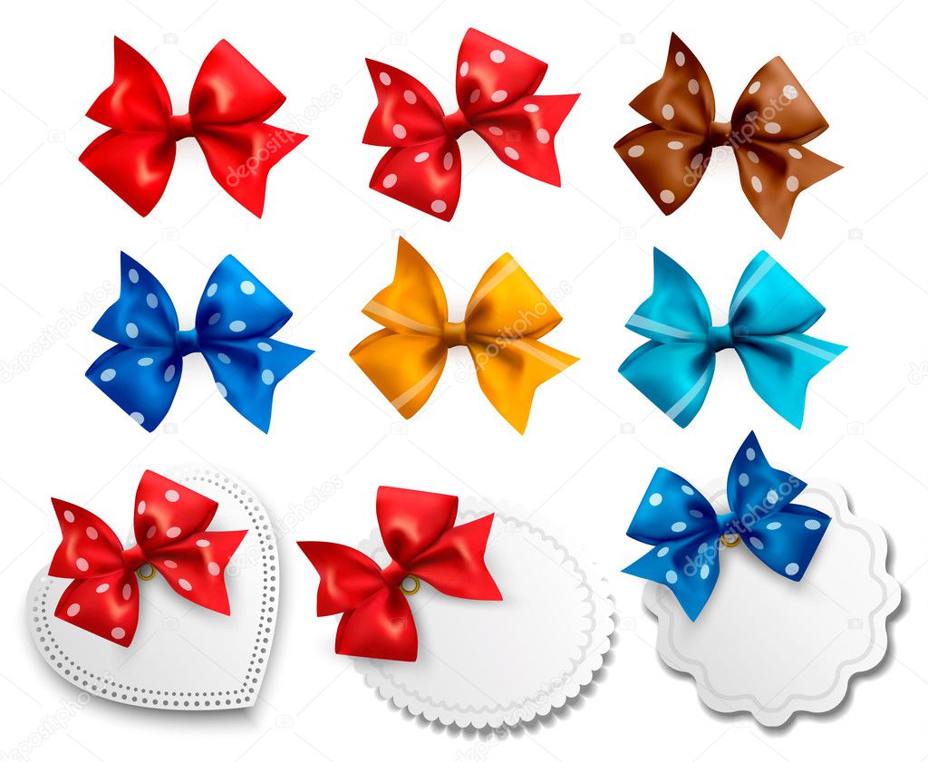 Big collection of colorful gift bows and labels. Vector illustration.