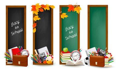 okul malzemeleri ve sonbahar yaprakları ile afiş school.four için geri. vektör.