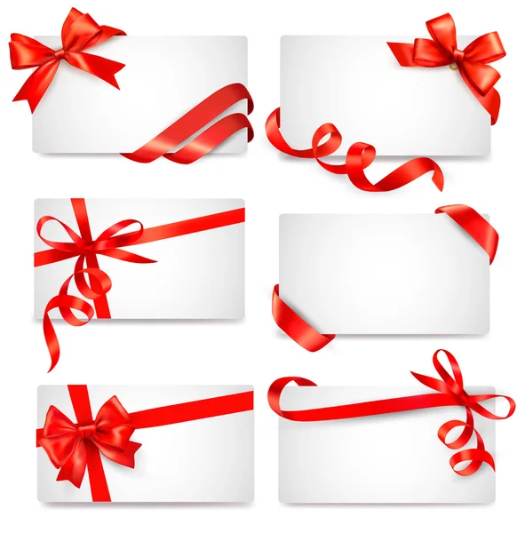 Conjunto de notas de tarjeta con lazos de regalo rojos con cintas Vector — Vector de stock