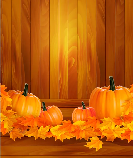 Pumpkins on wooden background with leaves. Autumn background. Vector. — Stock Vector