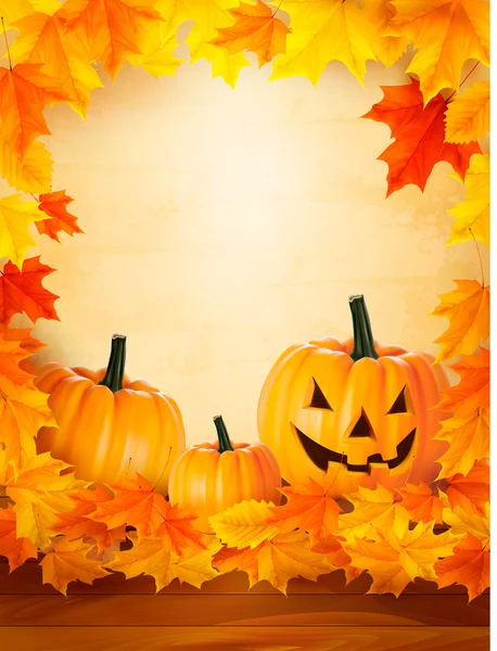 Fondo de calabaza con hojas. Fondo de Halloween. Vector . — Vector de stock