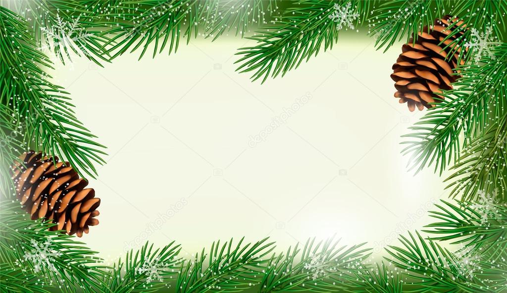 Frame made of christmas tree branches with pine cones. Vector.