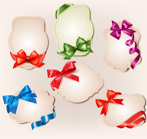 Set of beautiful retro labels with colorful gift bows with ribbons. Vector illustration