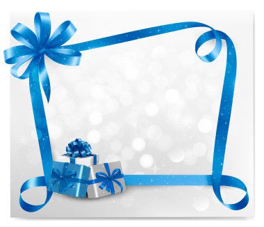 Holiday background with blue gift bow with gift boxes illustration
