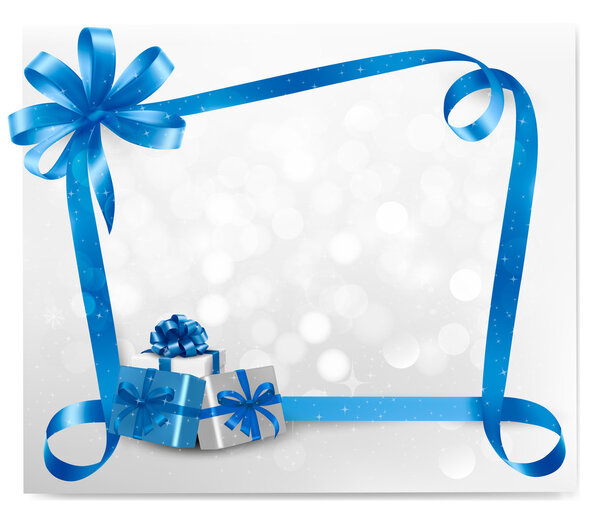 Фон праздника с голубым подарком лук с подарочными коробками иллюстрация
