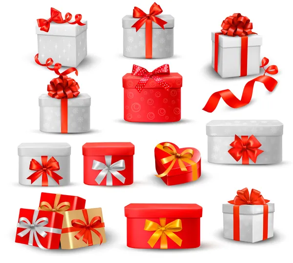 Set di scatole regalo colorate con fiocchi e nastri. — Vettoriale Stock
