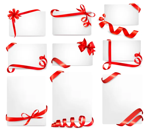 Set of beautiful cards with red gift bows with ribbons Vector — Stock Vector