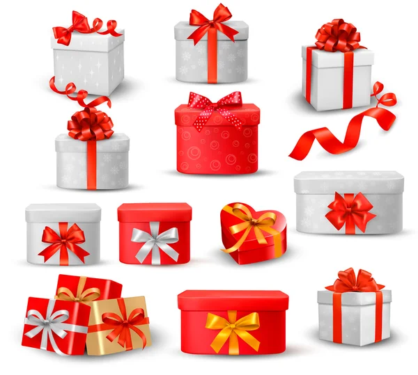 Set of colorful gift boxes with bows and ribbons. — Stock Vector