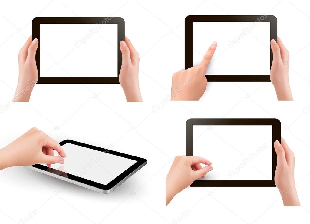 Set of tables pc with hands. Vector.