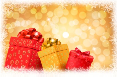 hediye renk kutuları ve kar tanesi Noel altın arka plan. vektör çizim.