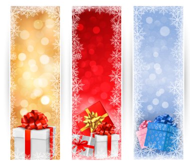 drie Kerstmis banners met geschenkdozen en sneeuwvlokken. vectorillustratie.