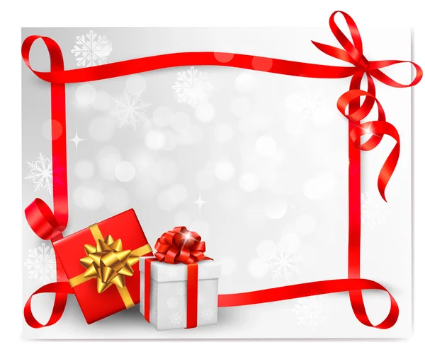 Fondo de vacaciones con lazo de regalo rojo con cajas de regalo. Ilustración vectorial. — Vector de stock