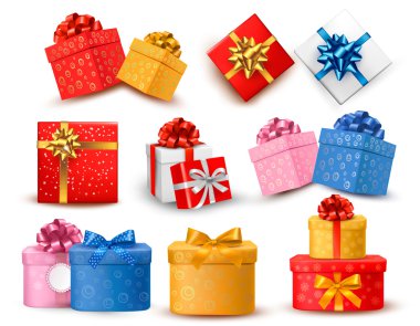 Set of colorful gift boxes with bows and ribbons. Vector illustr