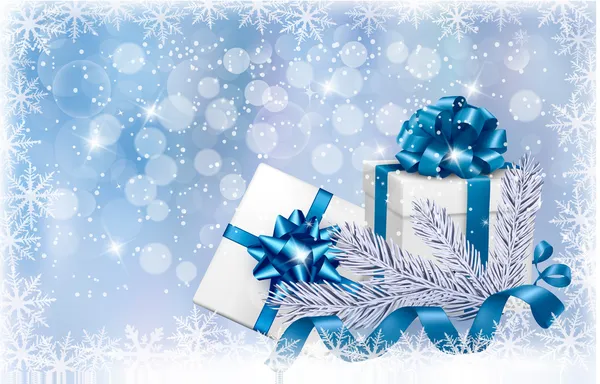 Weihnachtsblauer Hintergrund mit Geschenkschachteln und Schneeflocke. Vektor — Stockvektor