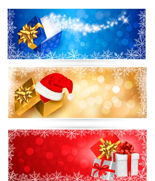 Drie Kerstmis banners met geschenkdozen en sneeuwvlokken. vector ik — Stockvector