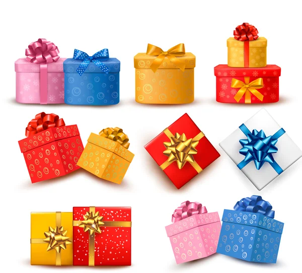 Collection de boîtes cadeaux de couleur avec des arcs et des rubans. Vecteur ill — Image vectorielle