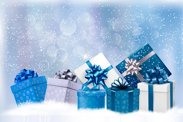 Fond bleu Noël avec boîtes cadeaux et flocons de neige. Vecteur — Image vectorielle