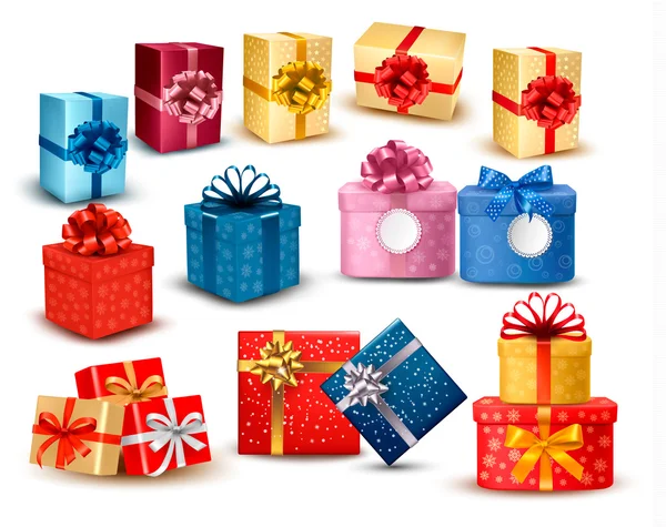 Conjunto de coloridas cajas de regalo con lazos y cintas. Vector illustr — Vector de stock