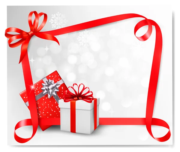 Fondo de vacaciones con lazo de regalo rojo con cajas de regalo. Vector enfermo — Vector de stock