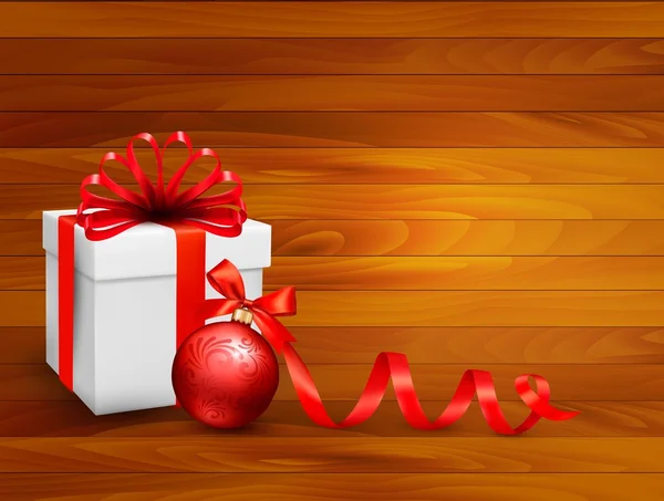 Fondo de vacaciones con caja de regalo y bola roja. Vector illustrati — Vector de stock