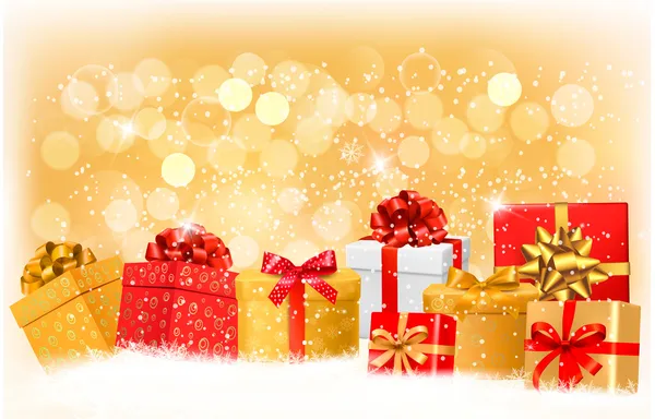 Sfondo natalizio con scatole regalo e fiocchi di neve. Illu vettoriale — Vettoriale Stock