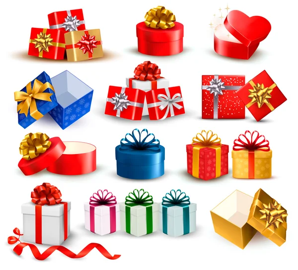 Conjunto de coloridas cajas de regalo con lazos y cintas. Vector illustr — Vector de stock