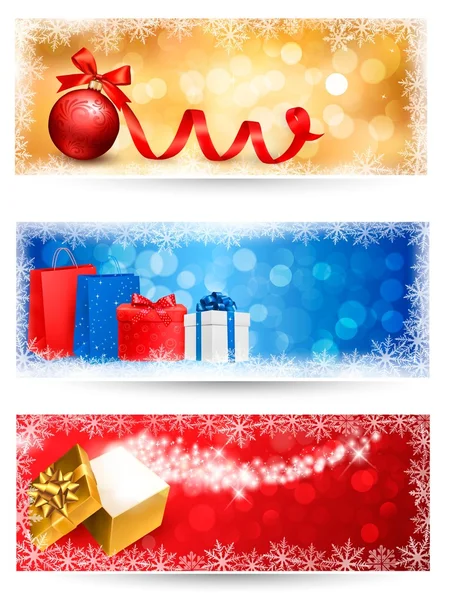 Tre striscioni natalizi con scatole regalo e fiocchi di neve. Vettore i — Vettoriale Stock