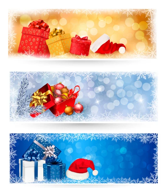 Τρεις Χριστούγεννα πανό με δώρο κουτιά και νιφάδες χιονιού. εγώ διάνυσμα — Διανυσματικό Αρχείο