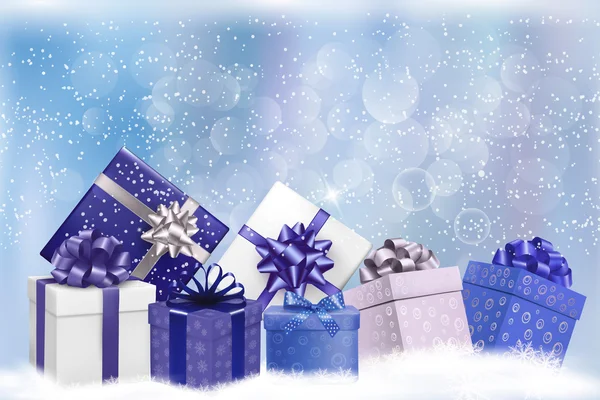 Fondo de Navidad con cajas de regalo y copos de nieve. Vector illu — Vector de stock