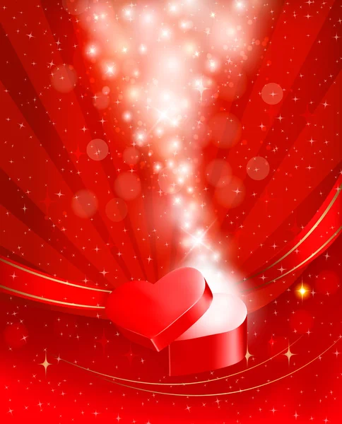 Valentine`s day background with open red gift box with bow and r — Stock Vector
