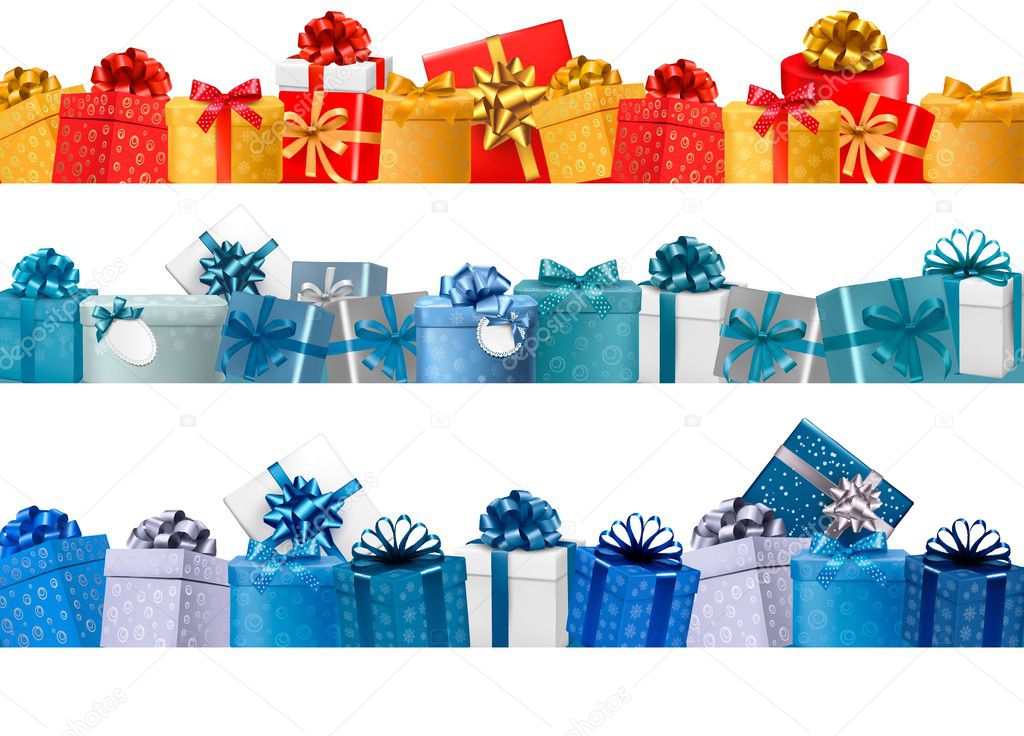 Collection of holiday banners with colorful gift boxes with bows