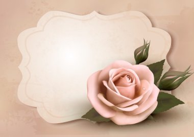 Geçmişe dönük tebrik kartı ve pembe gül. Vektör illüstrasyonu.