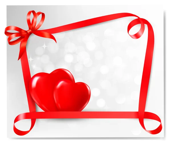 Fondo de San Valentín con dos corazones rojos y arco de regalo y cinta — Vector de stock