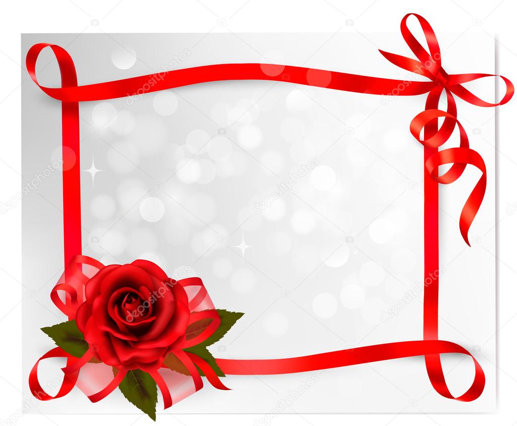 Valentine`s day background. Red rose with gift red bow. Vector i