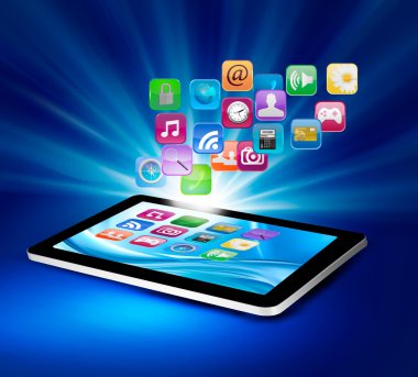 Tablette simgelerle donatılmış bir arkaplan. Vektör.