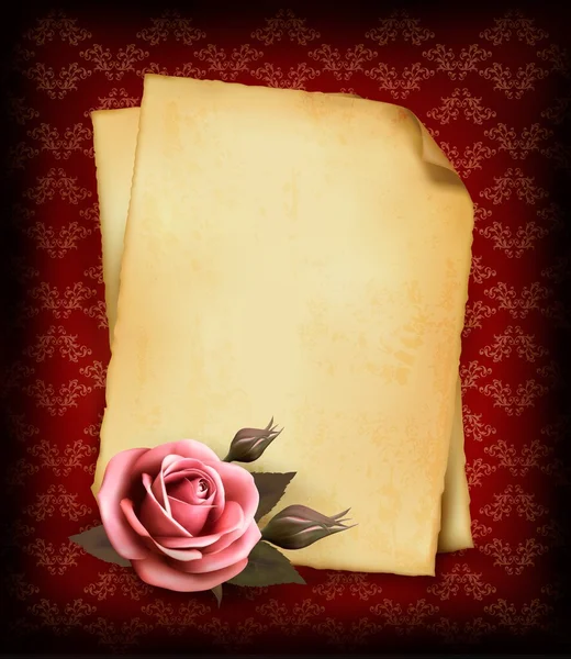 Retro-Hintergrund mit schöner rosa Rose und altem Papier. Vektor — Stockvektor