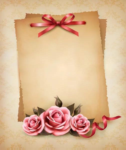 Retro background with beautiful pink rose and old paper. Vector — Stock Vector