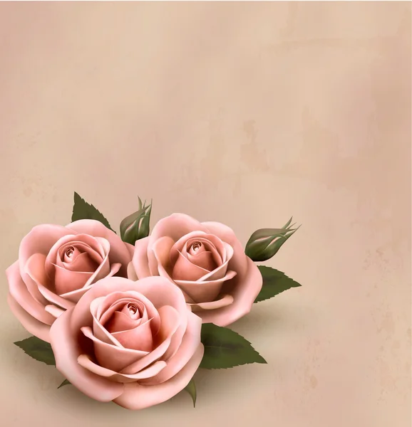 Fondo retro con hermosas rosas rosadas con brotes. Vector enfermo — Archivo Imágenes Vectoriales