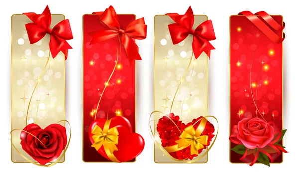 Set di belle carte con fiocchi regalo rossi con nastri Vettore — Vettoriale Stock