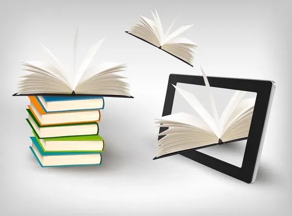 Books flying in a tablet. Vector illustration. — Stock Vector